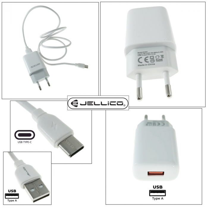 Set incarcator USB de retea, cu cablu USB-C lungime 1m, 5V, 2.4A, Jellico EU01 20294, alb [3]