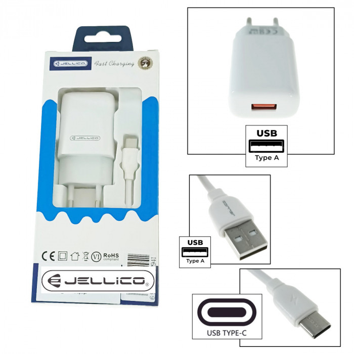 Set incarcator USB de retea, cu cablu USB-C lungime 1m, 5V, 2.4A, Jellico EU01 20294, alb [4]