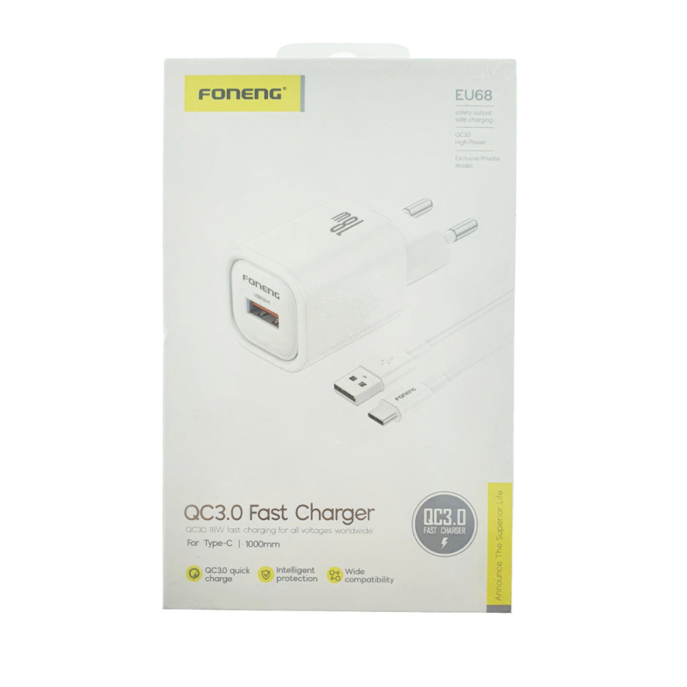 Set Incarcator USB Rapid QC 3.0 18W Foneng EU68 cu Cablu USB-C. Compact si Portabil, Alb [5]