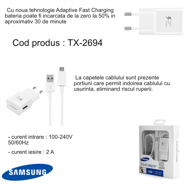 Set incarcator USB, Samsung Adaptive Fast Charging, 2A, EP-TA20EWE cu cablu USB la micro USB tata, in blister, alb [6]