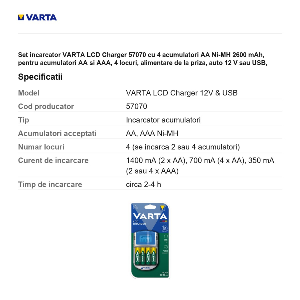 Set incarcator VARTA LCD Charger 57070 cu 4 acumulatori AA Ni-MH 2600 mAh, pentru acumulatori AA si AAA, 4 locuri, alimentare de la priza, auto 12 V sau USB, display LCD [3]