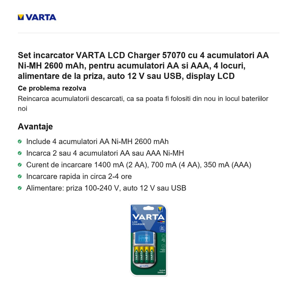Set incarcator VARTA LCD Charger 57070 cu 4 acumulatori AA Ni-MH 2600 mAh, pentru acumulatori AA si AAA, 4 locuri, alimentare de la priza, auto 12 V sau USB, display LCD [2]