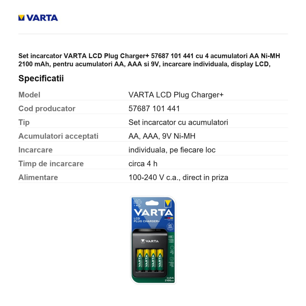 Set incarcator VARTA LCD Plug Charger+ 57687 101 441 cu 4 acumulatori AA Ni-MH 2100 mAh, pentru acumulatori AA, AAA si 9V, incarcare individuala, display LCD, iesire USB [3]