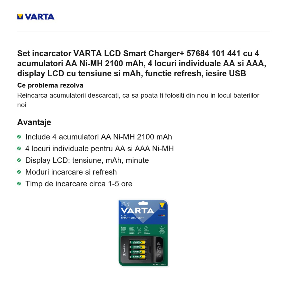 Set incarcator VARTA LCD Smart Charger+ 57684 101 441 cu 4 acumulatori AA Ni-MH 2100 mAh, 4 locuri individuale AA si AAA, display LCD cu tensiune si mAh, functie refresh, iesire USB [2]