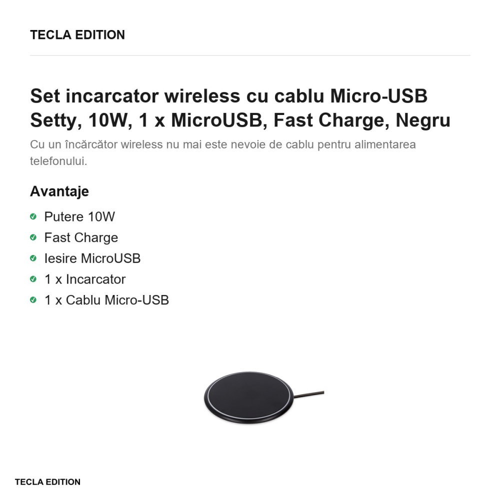 Set incarcator wireless cu cablu Micro-USB Setty, 10W, 1 x MicroUSB, Fast Charge, Negru [2]
