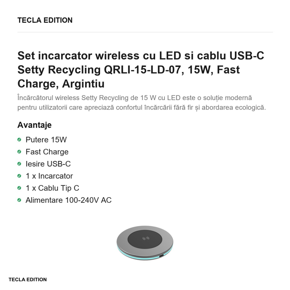 Set incarcator wireless cu LED si cablu USB-C Setty Recycling QRLI-15-LD-07, 15W, Fast Charge, Argintiu [2]