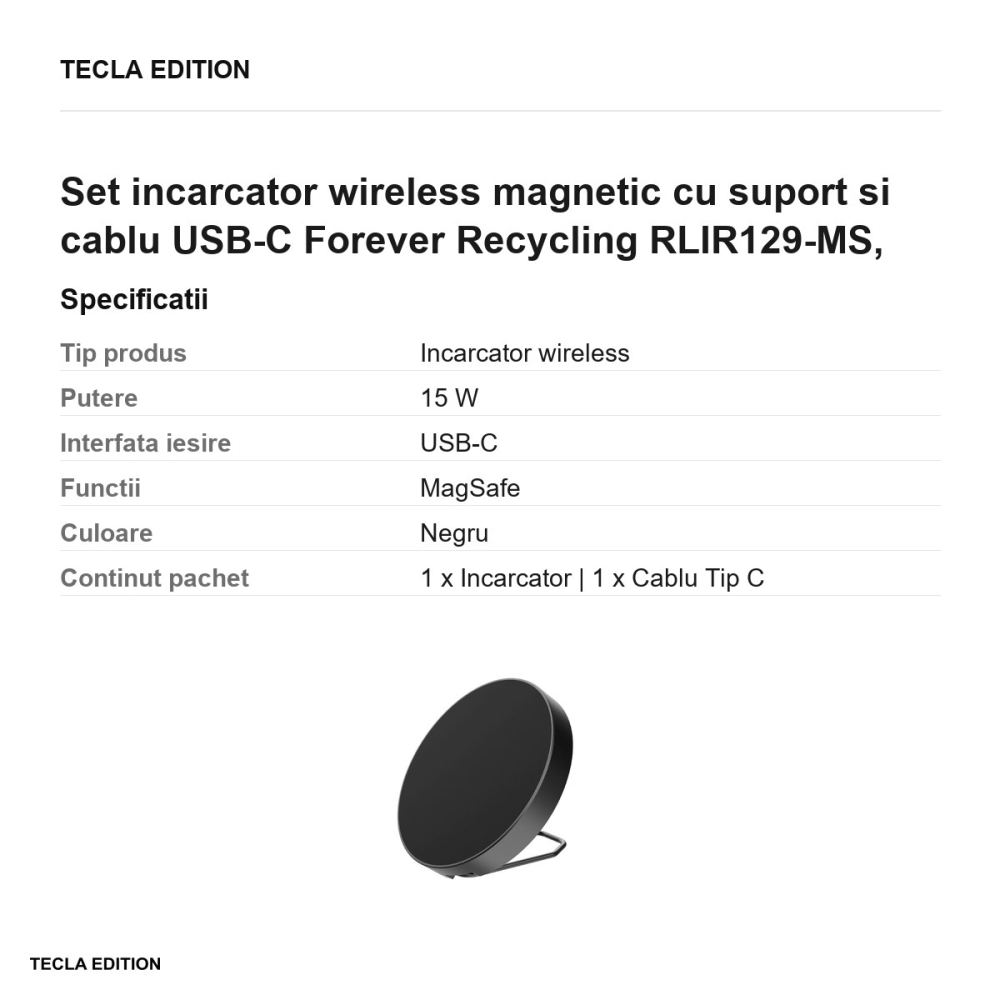 Set incarcator wireless magnetic cu suport si cablu USB-C Forever Recycling RLIR129-MS, 15W, MagSafe, Negru [3]