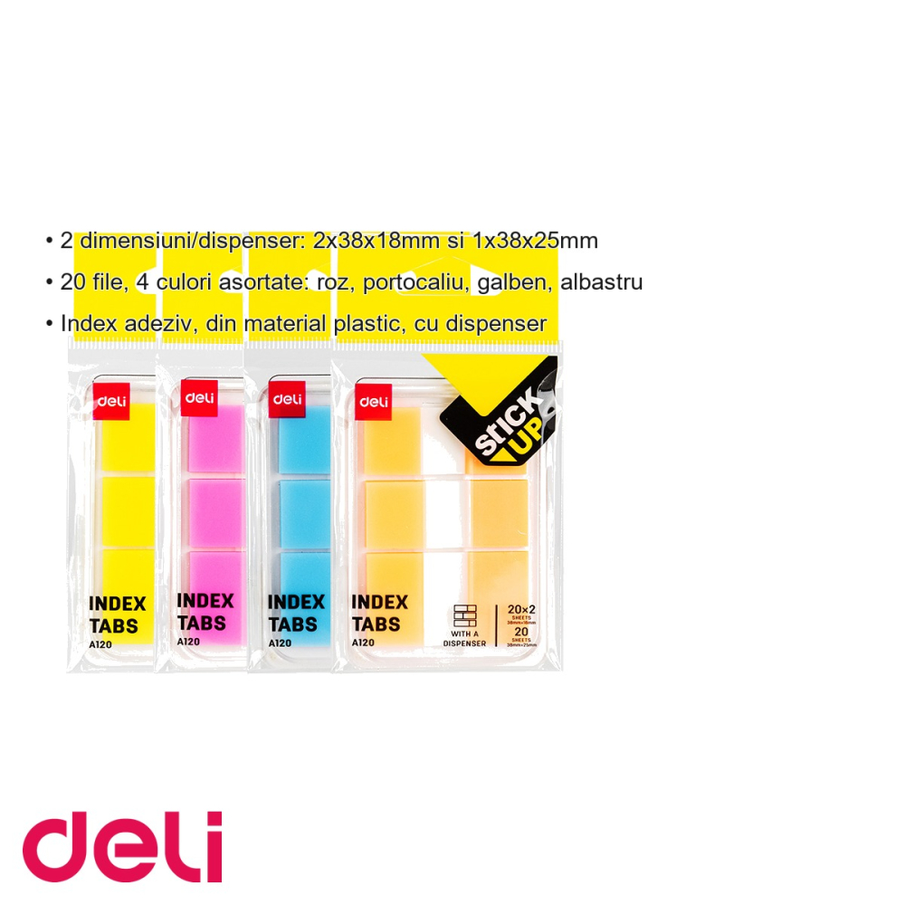 Set index adeziv plastic Deli cu dispenser, 2 dimensiuni si 4 culori, pentru organizare rapida documente [3]