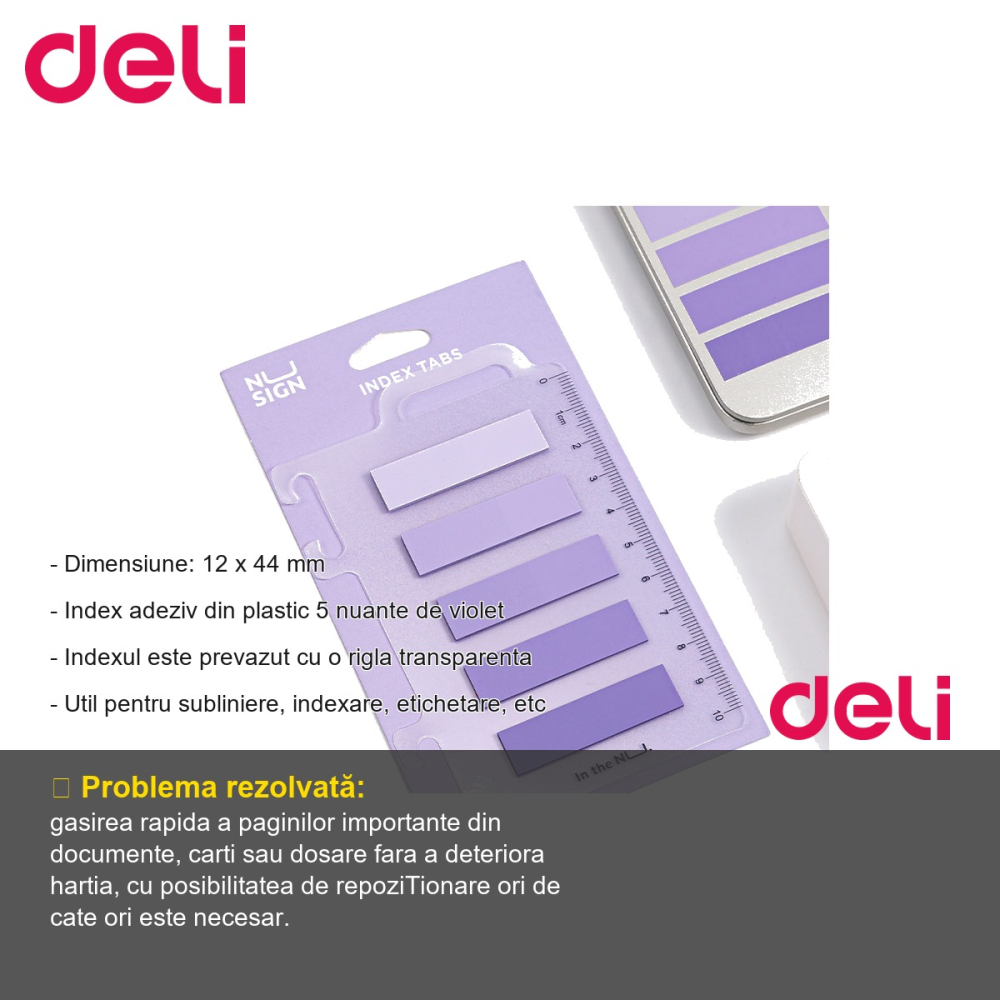 Set index adeziv plastic Deli Nusign, 5 nuante de violet cu rigla transparenta, pentru indexare si organizare documente [2]