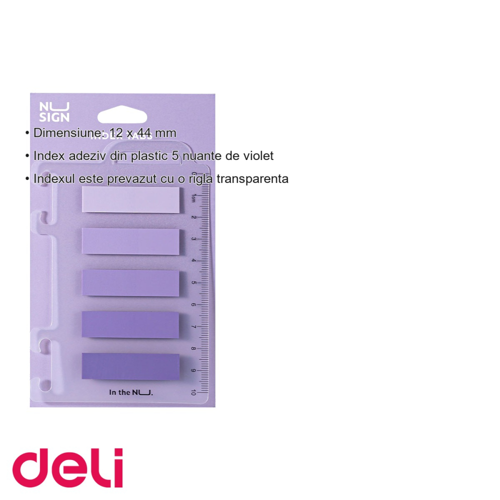 Set index adeziv plastic Deli Nusign, 5 nuante de violet cu rigla transparenta, pentru indexare si organizare documente [3]