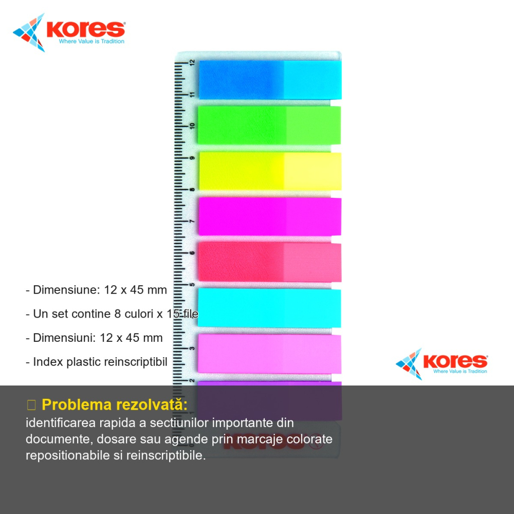 Set index plastic reinscriptibil Kores cu rigla, 8 culori x 15 file, 12x45 mm, pentru organizare documente [2]