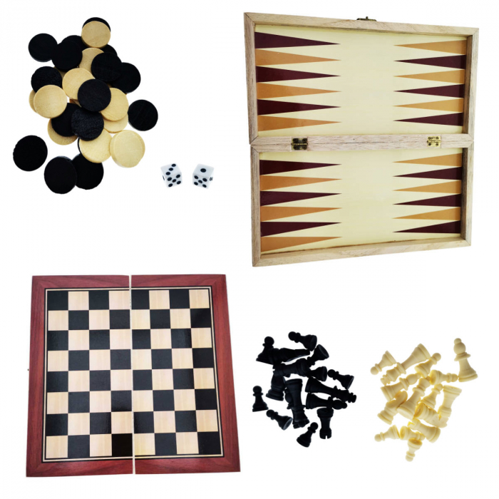 Set jocuri de masa 3 in 1, sah, table si dame, suprafata 30 x 30 cm, din lemn [2]