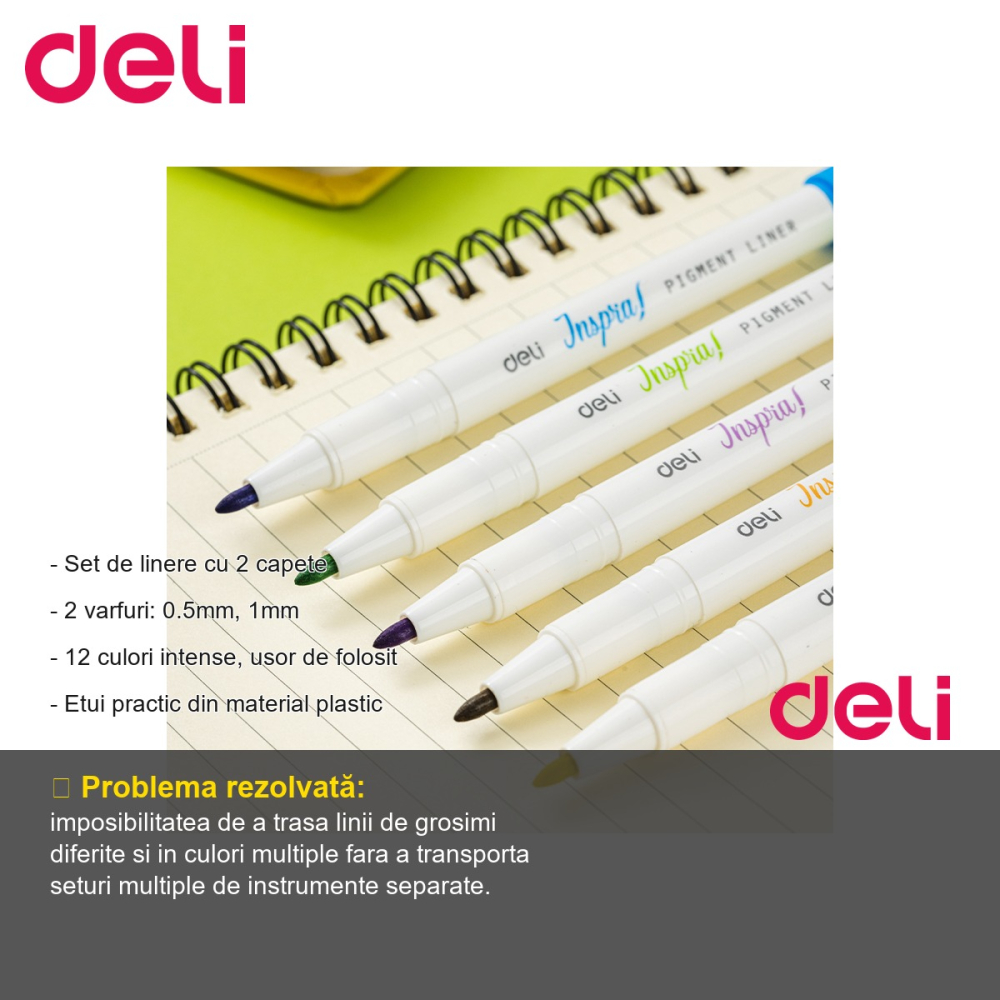Set linere cu 2 capete Deli Inspira, 0.5mm si 1mm, 12 culori intense, pentru desen si scriere [2]