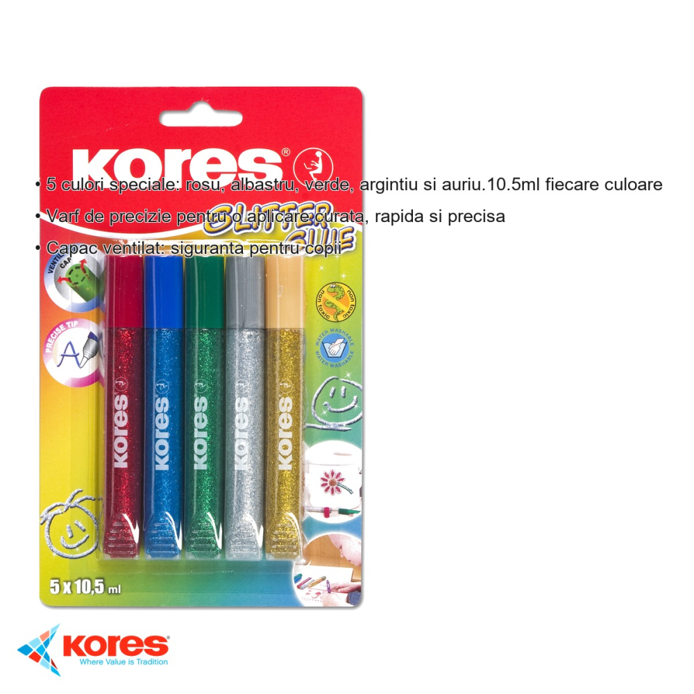 Set lipici lichid glitter Kores, 5 culori cu sclipici, 10.5 ml/culoare, pentru hartie, carton si plastic [3]