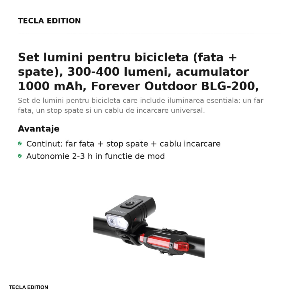 Set lumini pentru bicicleta (fata + spate), 300-400 lumeni, acumulator 1000 mAh, Forever Outdoor BLG-200, negru/rosu [2]