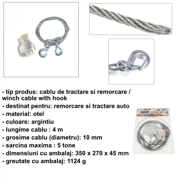 Set manusi cu cablu de remorcare si tractare din otel, lungime 4 m, grosime 10 mm, cu carlige, sarcina maxima 5T [4]