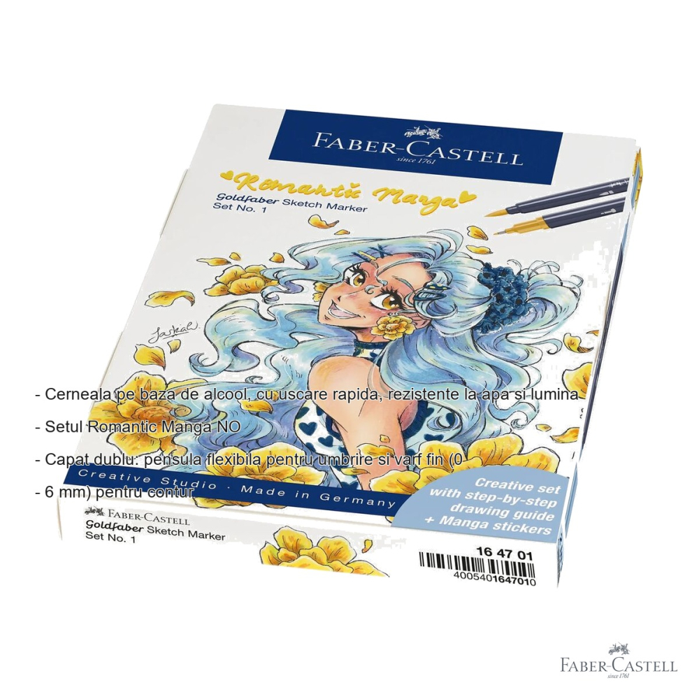 Set markere sketch Faber-Castell Goldfaber Romantic Manga No.1, 8 sketchmarkere + 2 Pitt Artist Pen + creion grafit, pentru ilustratii manga [2]