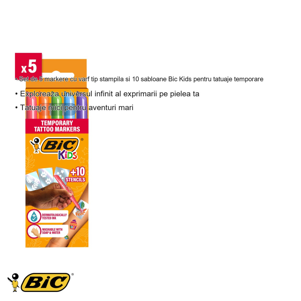 Set markere tatuaje temporare Bic Kids, 5 markere cu varf stampila si 10 sabloane, pentru copii [3]
