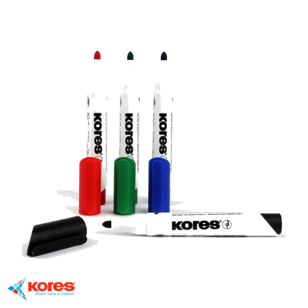 Set markere whiteboard Kores, varf rotund 3mm, 4 culori + burete magnetic, pentru prezentari si birou [4]