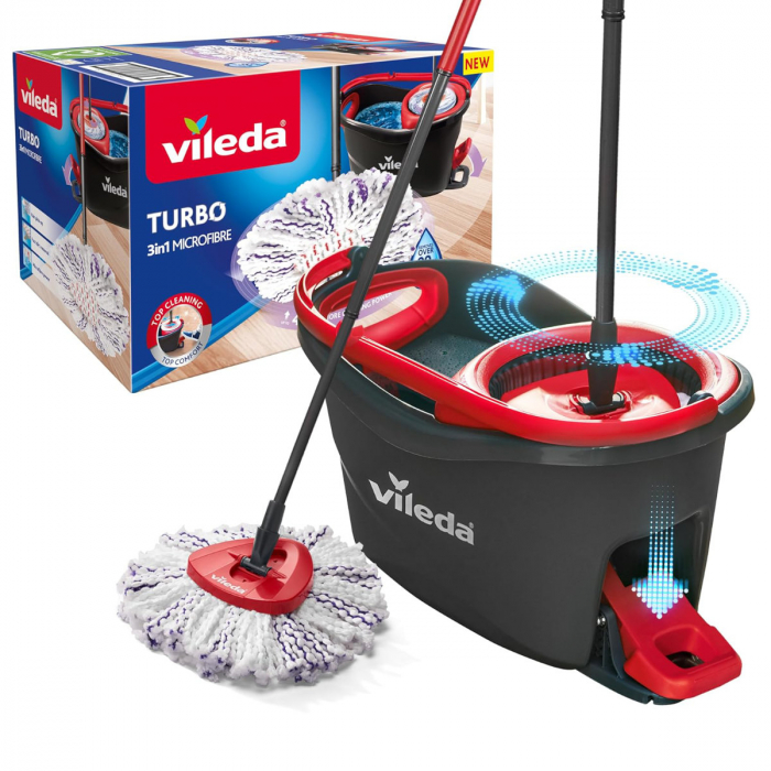 Set mop rotativ si galeata cu storcator Vileda Turbo 3 in 1 22744, pentru curatare podele, negru cu rosu [2]
