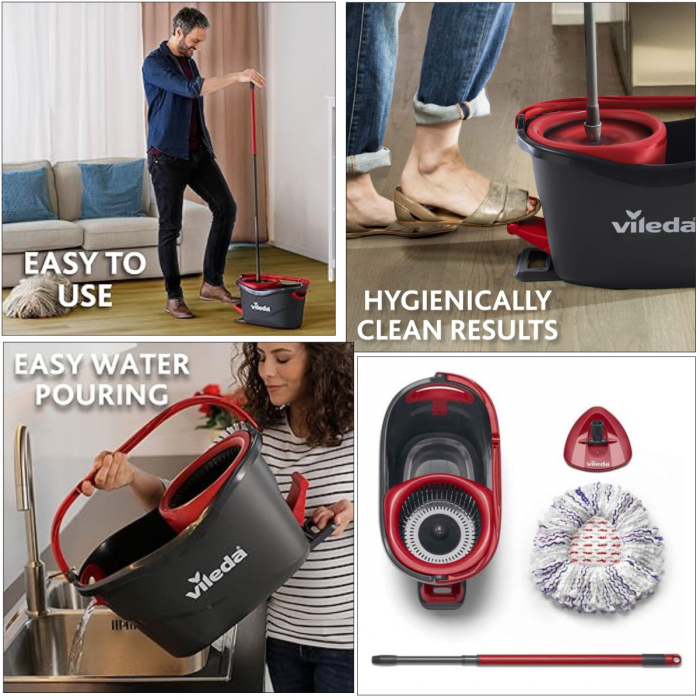 Set mop rotativ si galeata cu storcator Vileda Turbo 3 in 1 22744, pentru curatare podele, negru cu rosu [3]