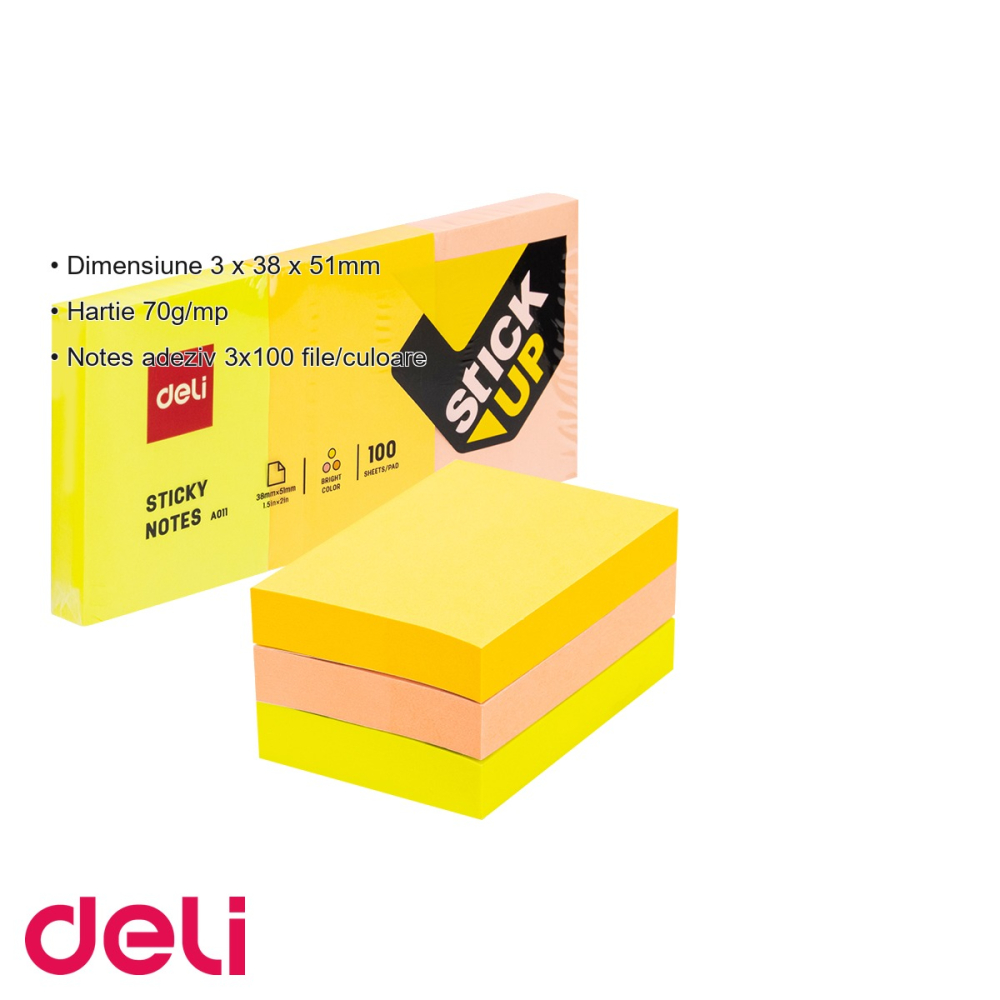 Set notes adezive Deli, 3 culori x 100 file, dimensiune 38x51mm, pentru organizare rapida la birou [3]