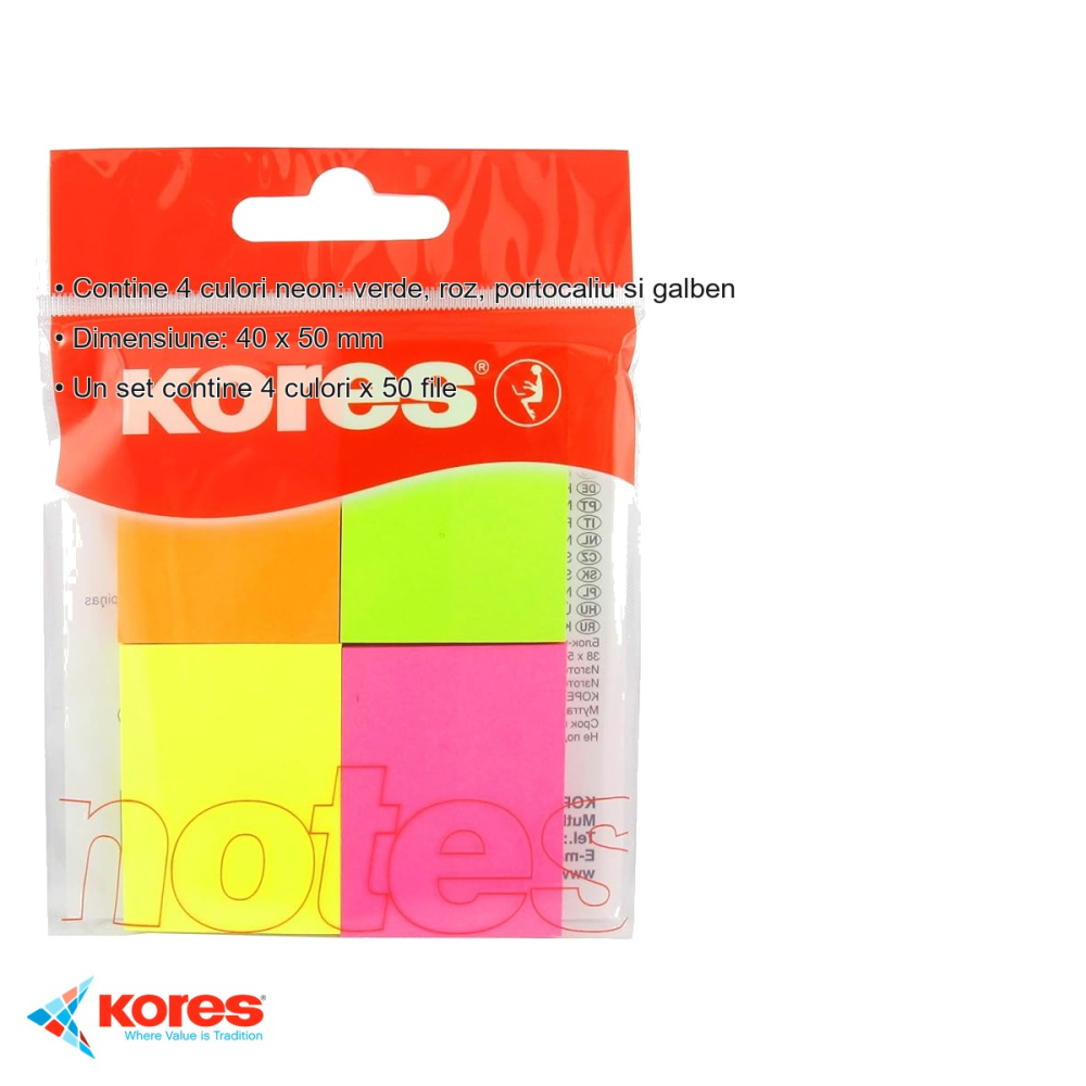 Set notes adezive Kores neon, 4 culori, 40x50 mm, 200 file, pentru memento-uri si organizare rapida [3]