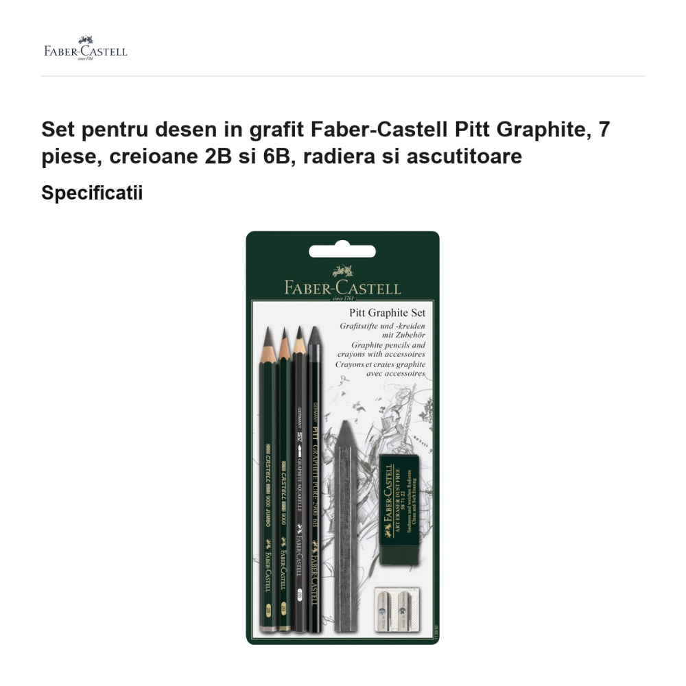 Set pentru desen in grafit Faber-Castell Pitt Graphite, 7 piese, creioane 2B si 6B, radiera si ascutitoare [3]