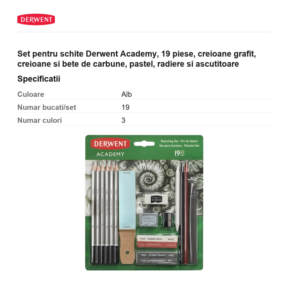 Set pentru schite Derwent Academy, 19 piese, creioane grafit, creioane si bete de carbune, pastel, radiere si ascutitoare [3]