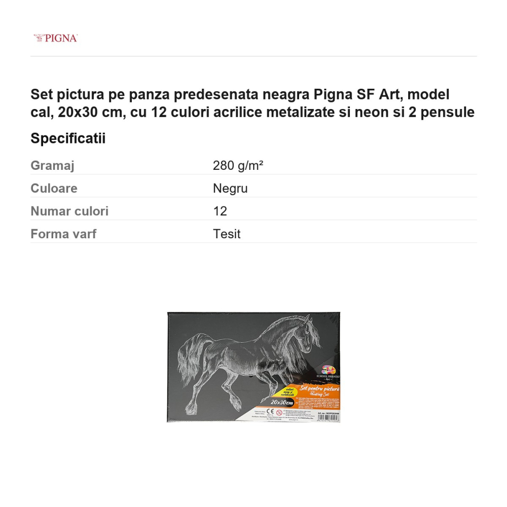 Set pictura pe panza predesenata neagra Pigna SF Art, model cal, 20x30 cm, cu 12 culori acrilice metalizate si neon si 2 pensule [3]