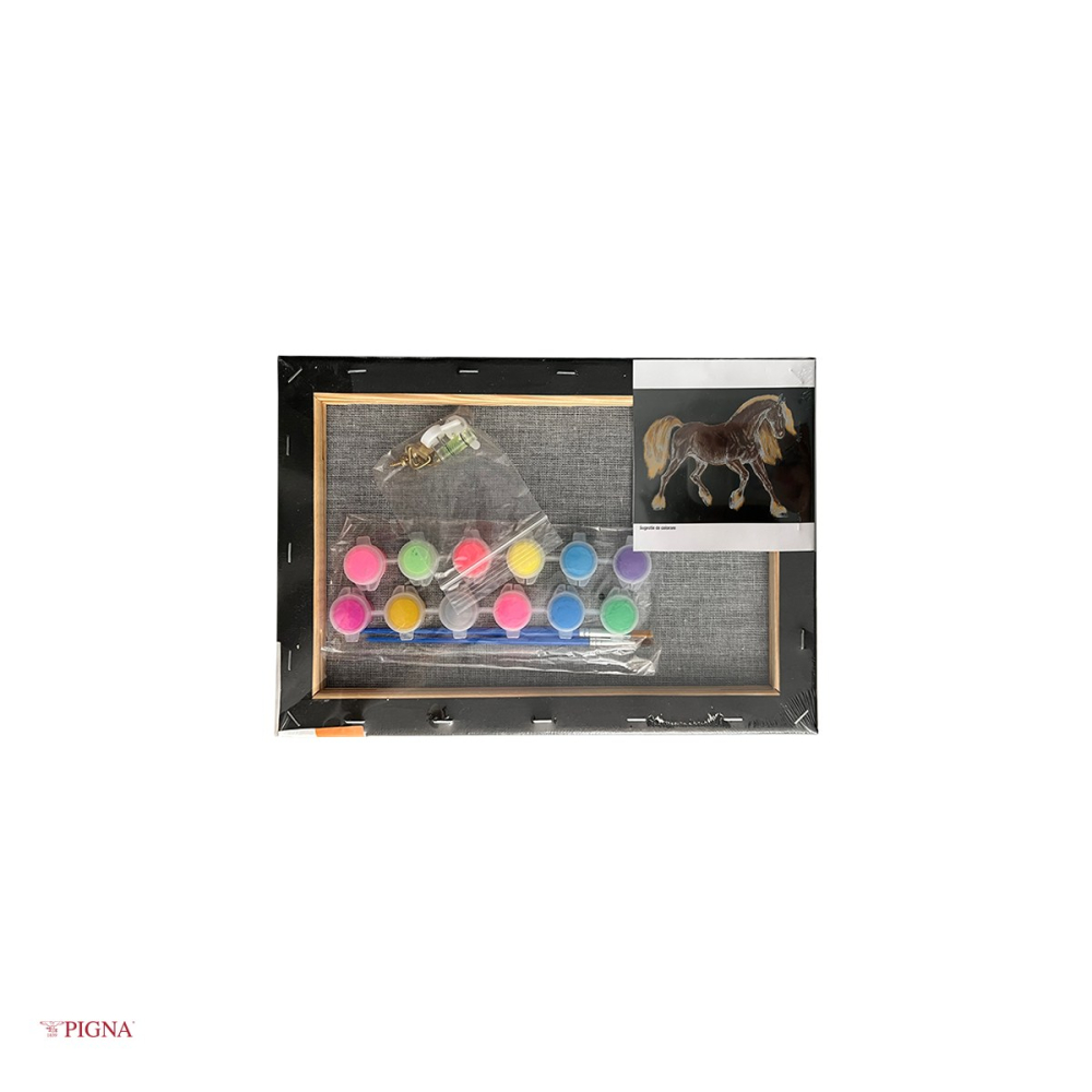 Set pictura pe panza predesenata neagra Pigna SF Art, model cal, 20x30 cm, cu 12 culori acrilice metalizate si neon si 2 pensule [4]