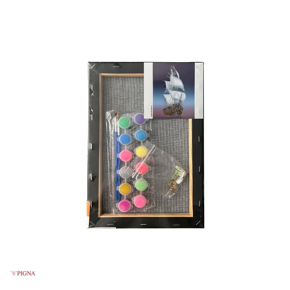 Set pictura pe panza predesenata neagra Pigna SF Art, model corabie, 20x30 cm, cu 12 culori acrilice metalizate si neon si 2 pensule [4]