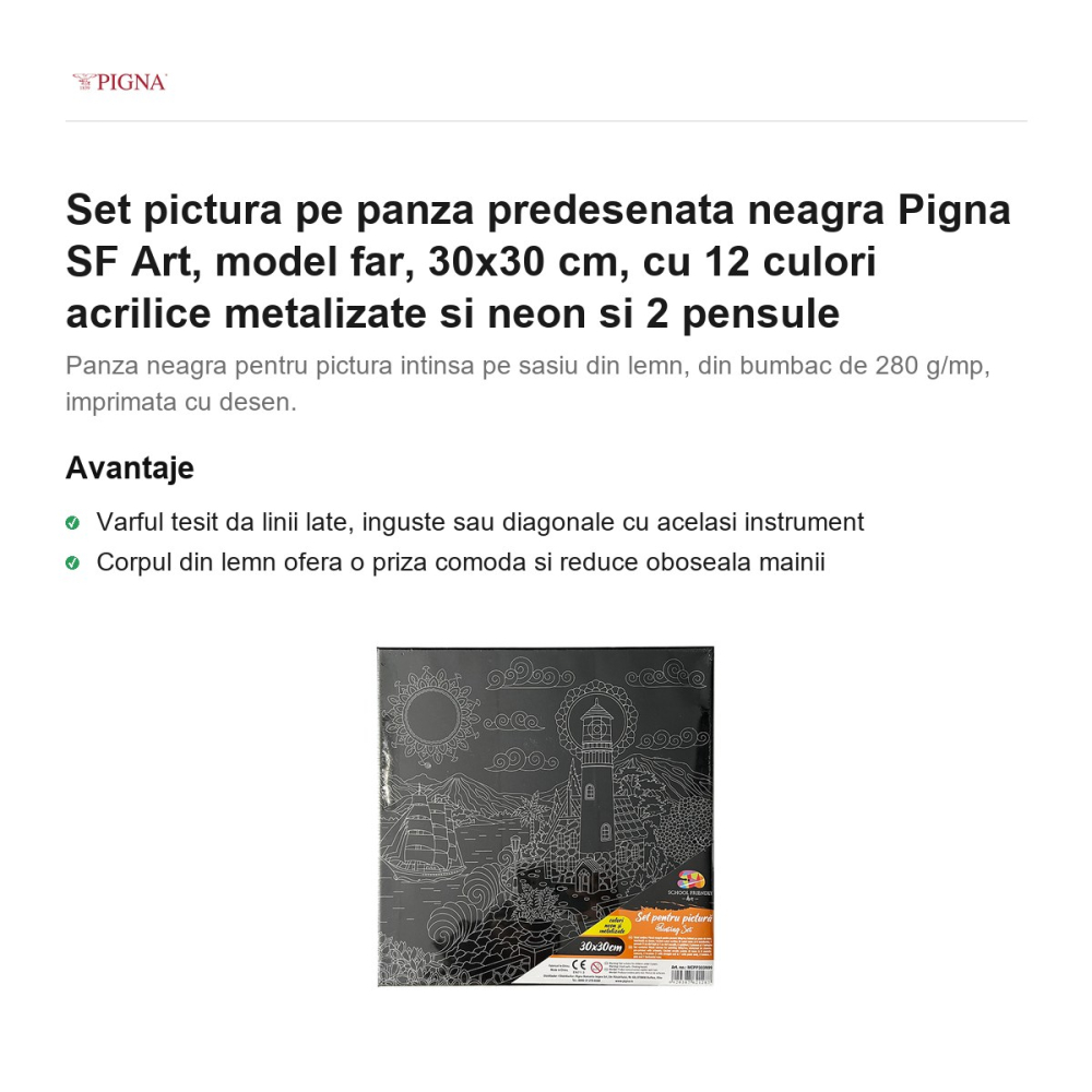 Set pictura pe panza predesenata neagra Pigna SF Art, model far, 30x30 cm, cu 12 culori acrilice metalizate si neon si 2 pensule [2]