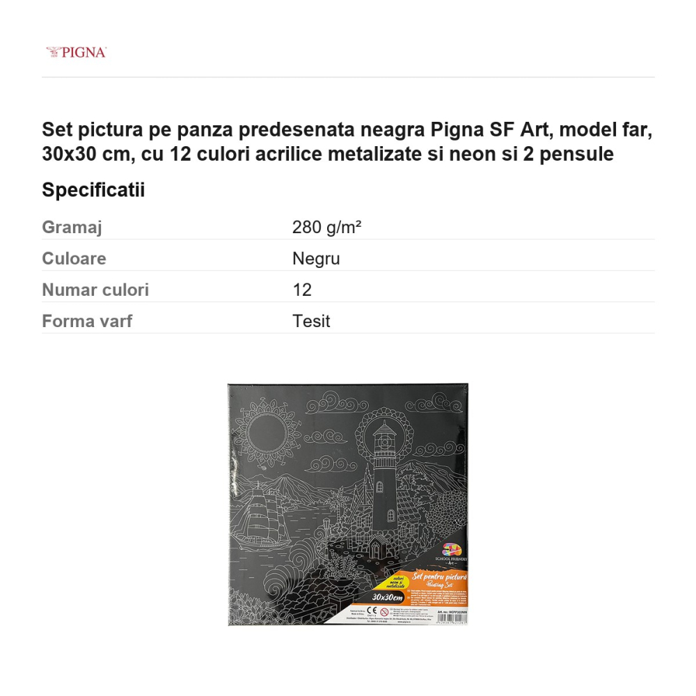 Set pictura pe panza predesenata neagra Pigna SF Art, model far, 30x30 cm, cu 12 culori acrilice metalizate si neon si 2 pensule [3]