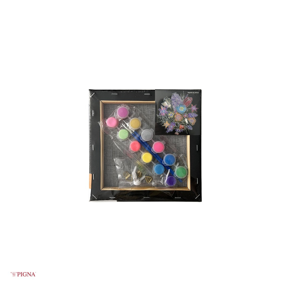 Set pictura pe panza predesenata neagra Pigna SF Art, model flori, 20x20 cm, cu 12 culori acrilice metalizate si neon si 2 pensule [4]