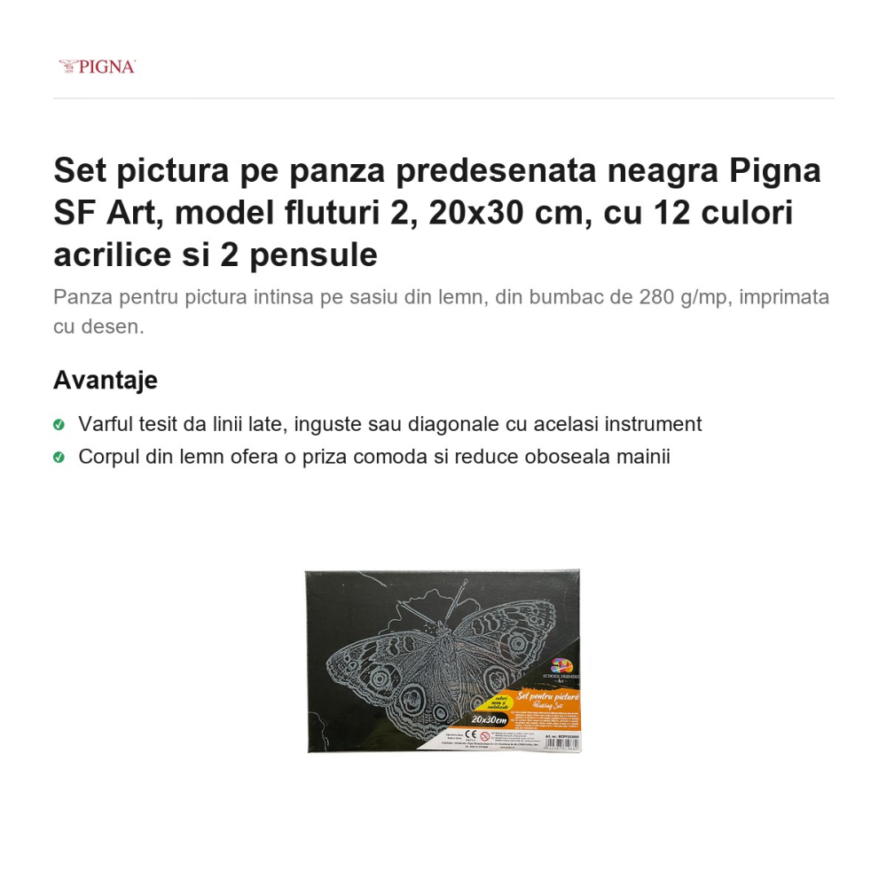 Set pictura pe panza predesenata neagra Pigna SF Art, model fluturi 2, 20x30 cm, cu 12 culori acrilice si 2 pensule [2]