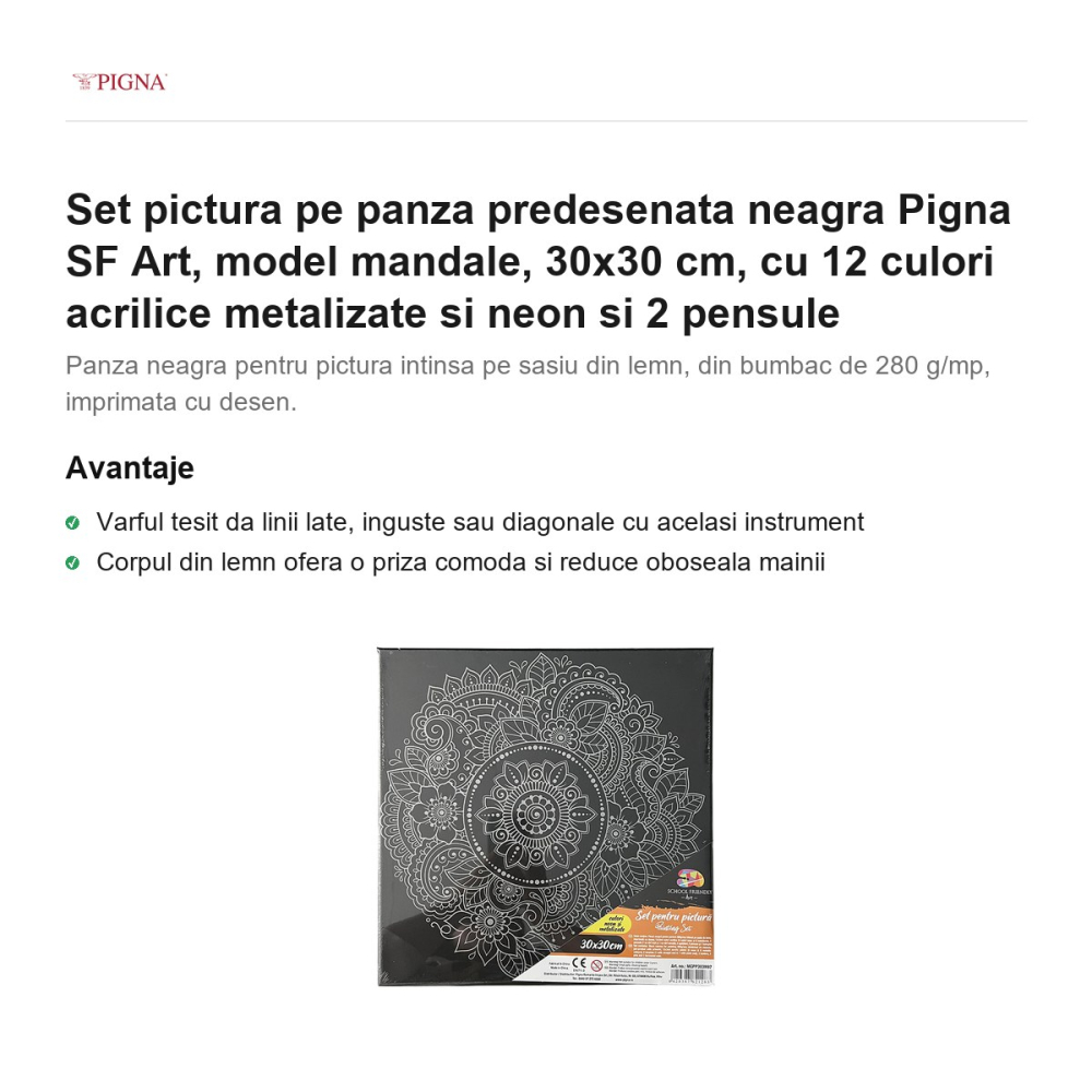 Set pictura pe panza predesenata neagra Pigna SF Art, model mandale, 30x30 cm, cu 12 culori acrilice metalizate si neon si 2 pensule [2]