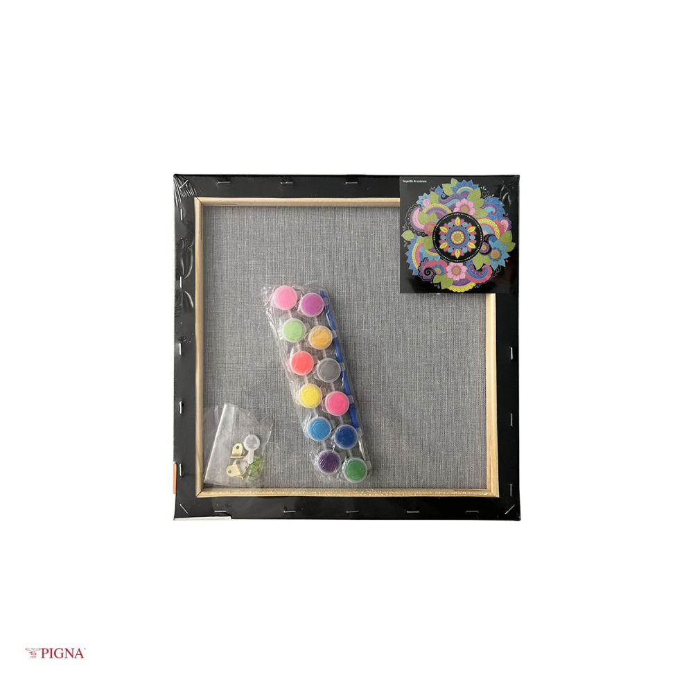 Set pictura pe panza predesenata neagra Pigna SF Art, model mandale, 30x30 cm, cu 12 culori acrilice metalizate si neon si 2 pensule [4]