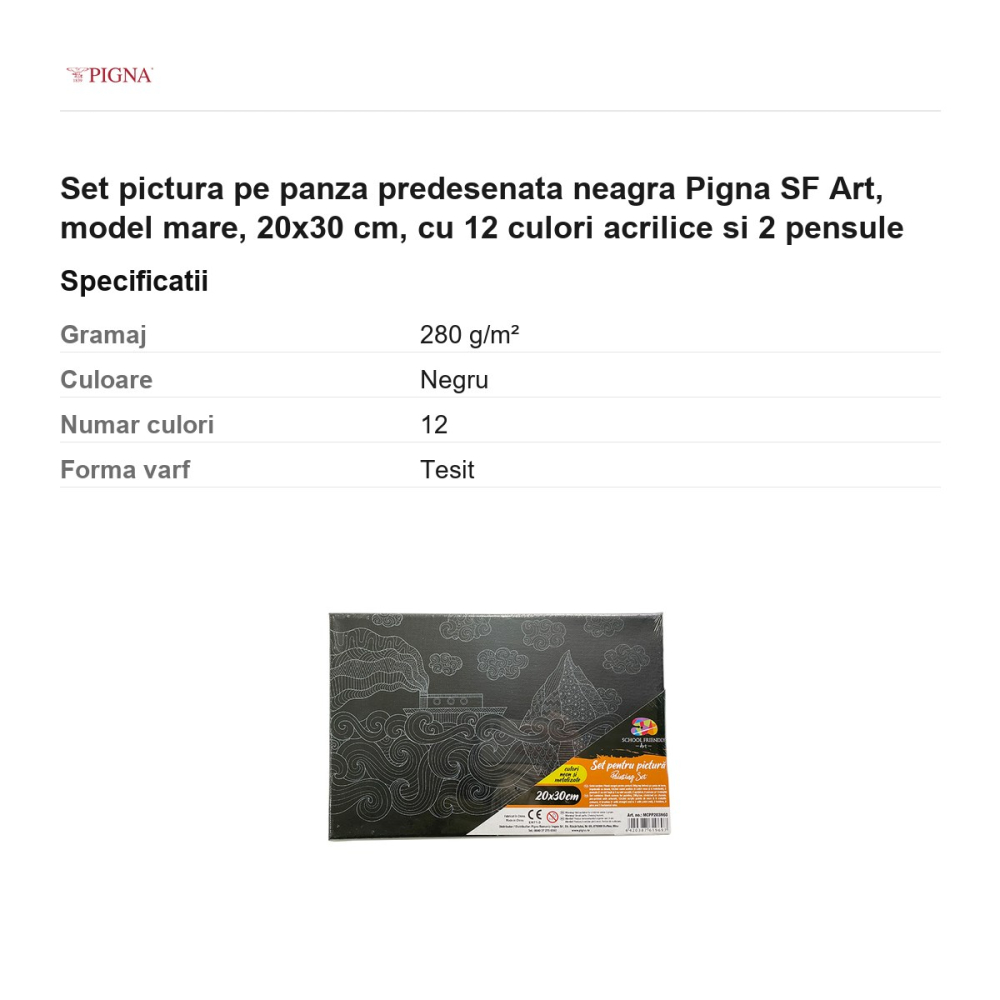 Set pictura pe panza predesenata neagra Pigna SF Art, model mare, 20x30 cm, cu 12 culori acrilice si 2 pensule [3]