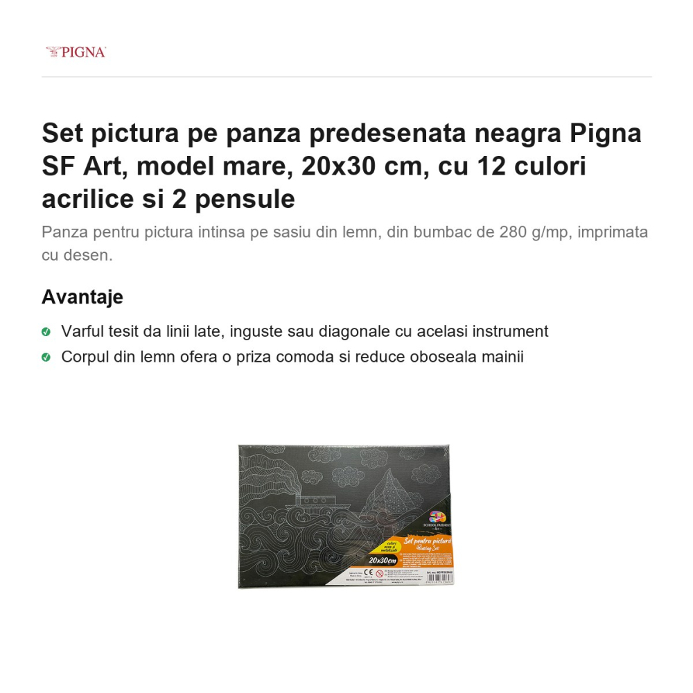 Set pictura pe panza predesenata neagra Pigna SF Art, model mare, 20x30 cm, cu 12 culori acrilice si 2 pensule [2]
