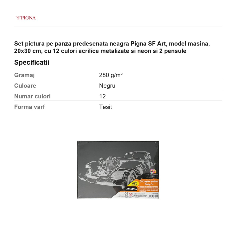 Set pictura pe panza predesenata neagra Pigna SF Art, model masina, 20x30 cm, cu 12 culori acrilice metalizate si neon si 2 pensule [3]