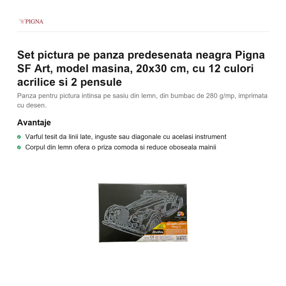 Set pictura pe panza predesenata neagra Pigna SF Art, model masina, 20x30 cm, cu 12 culori acrilice si 2 pensule [2]