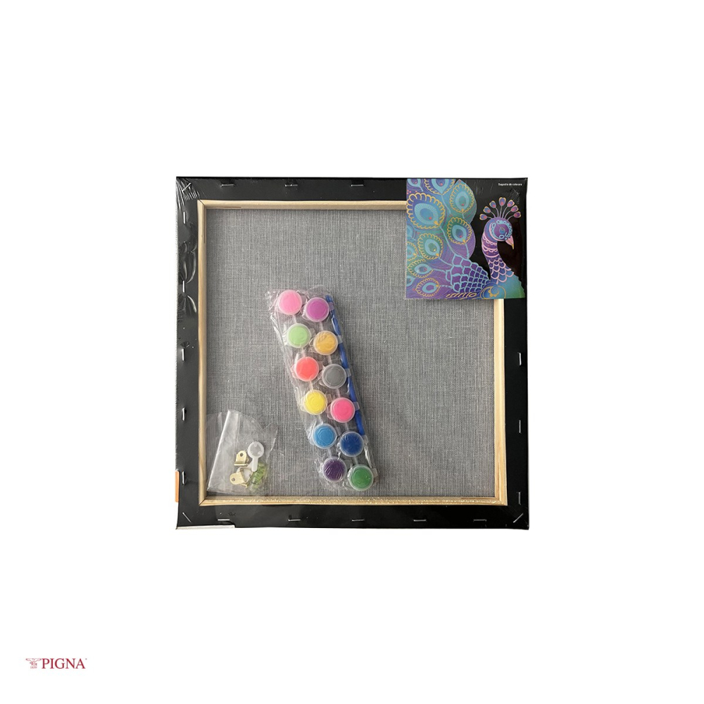 Set pictura pe panza predesenata neagra Pigna SF Art, model paun, 30x30 cm, cu 12 culori acrilice metalizate si neon si 2 pensule [4]