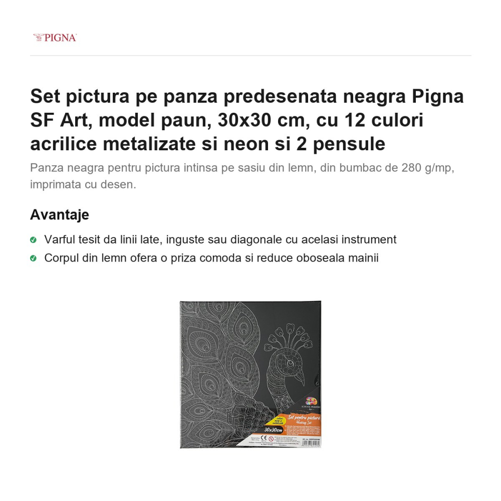 Set pictura pe panza predesenata neagra Pigna SF Art, model paun, 30x30 cm, cu 12 culori acrilice metalizate si neon si 2 pensule [2]