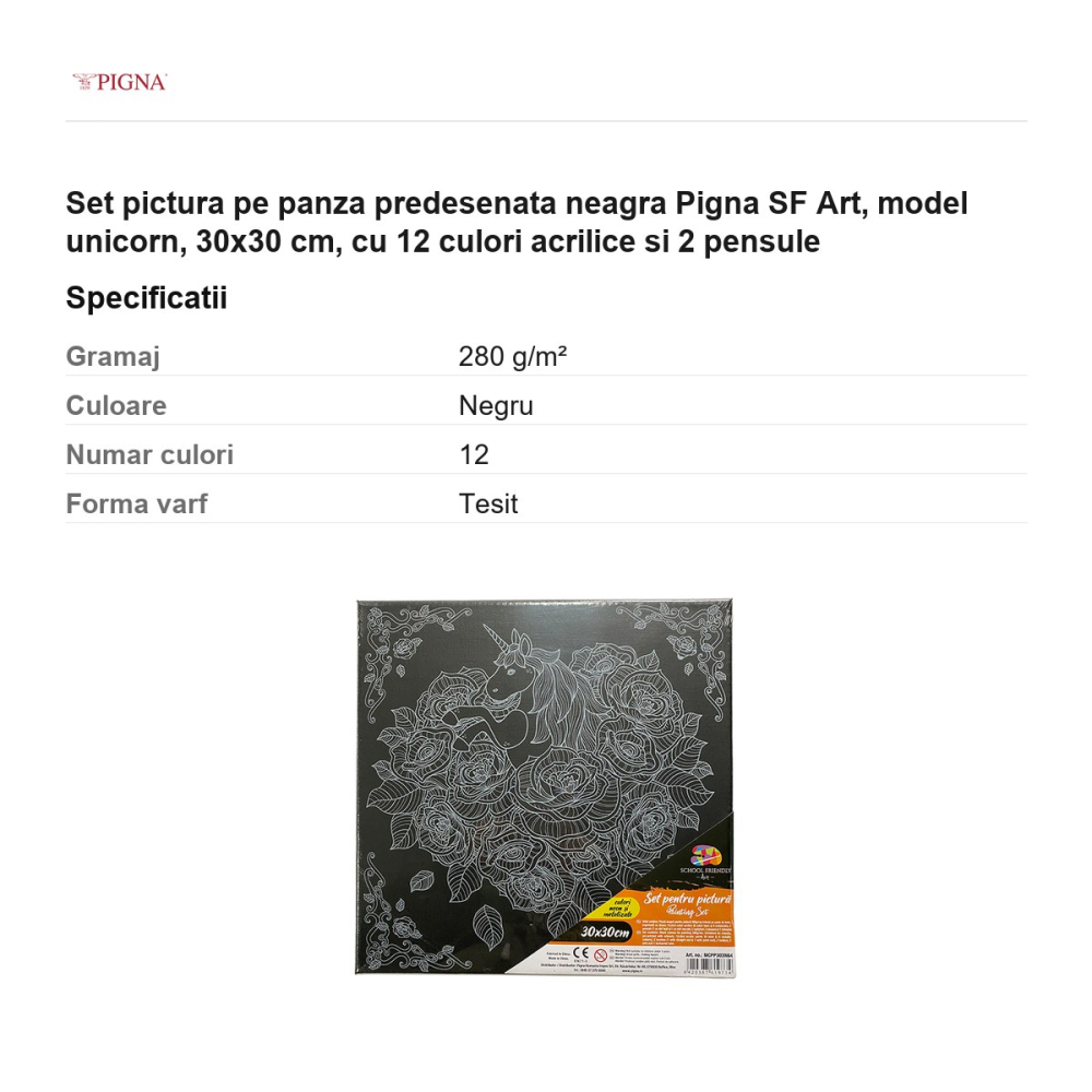 Set pictura pe panza predesenata neagra Pigna SF Art, model unicorn, 30x30 cm, cu 12 culori acrilice si 2 pensule [3]