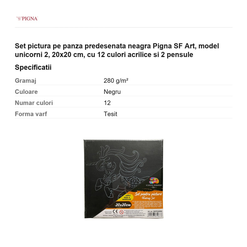 Set pictura pe panza predesenata neagra Pigna SF Art, model unicorni 2, 20x20 cm, cu 12 culori acrilice si 2 pensule [3]