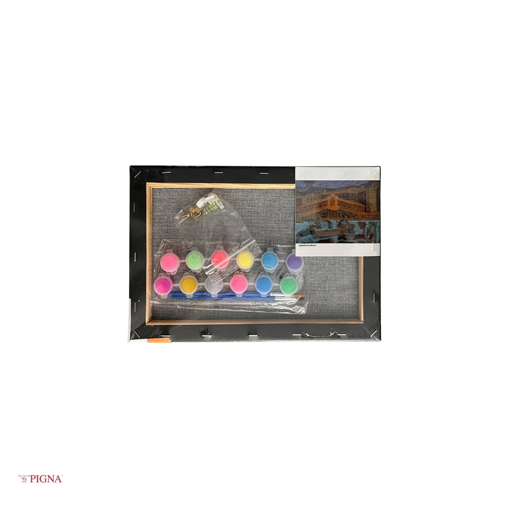 Set pictura pe panza predesenata neagra Pigna SF Art, model venetia, 20x30 cm, cu 12 culori acrilice metalizate si neon si 2 pensule [4]