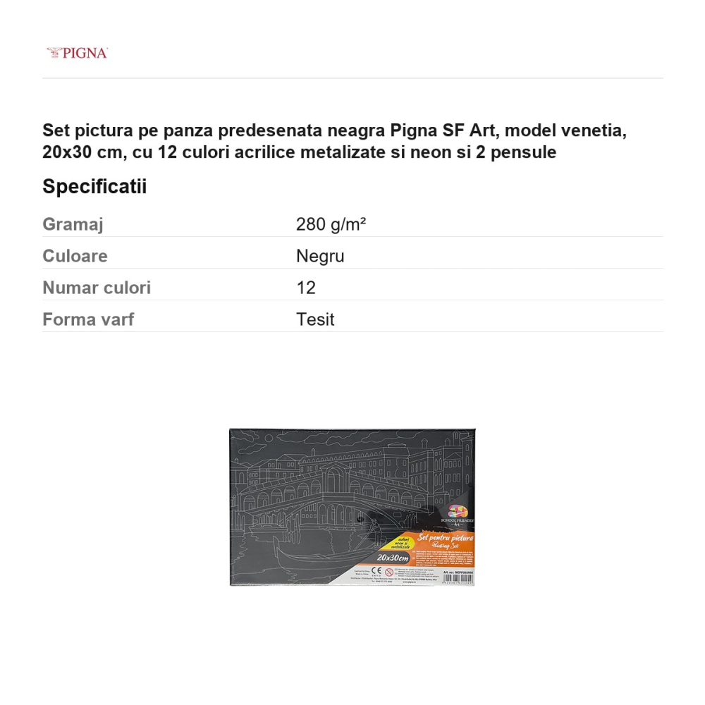 Set pictura pe panza predesenata neagra Pigna SF Art, model venetia, 20x30 cm, cu 12 culori acrilice metalizate si neon si 2 pensule [3]