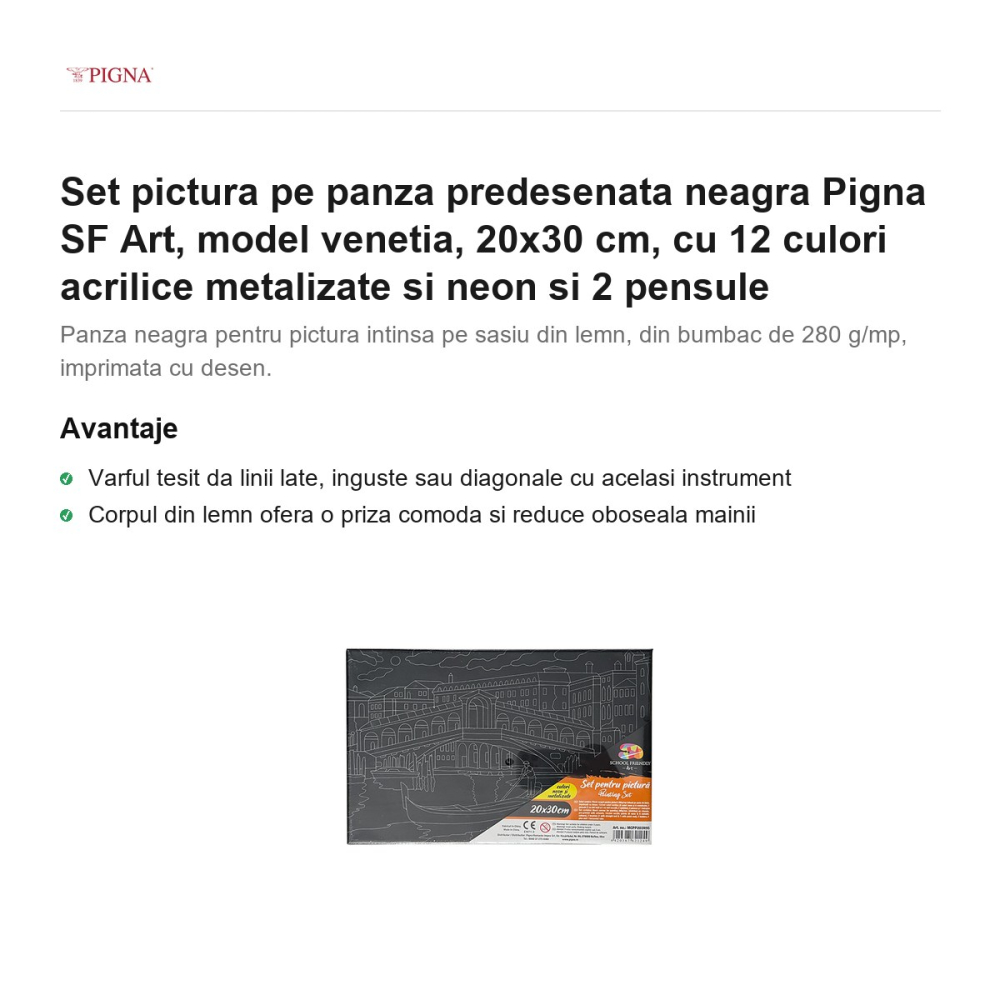 Set pictura pe panza predesenata neagra Pigna SF Art, model venetia, 20x30 cm, cu 12 culori acrilice metalizate si neon si 2 pensule [2]