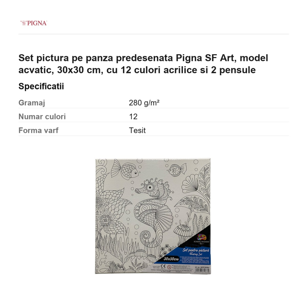 Set pictura pe panza predesenata Pigna SF Art, model acvatic, 30x30 cm, cu 12 culori acrilice si 2 pensule [3]